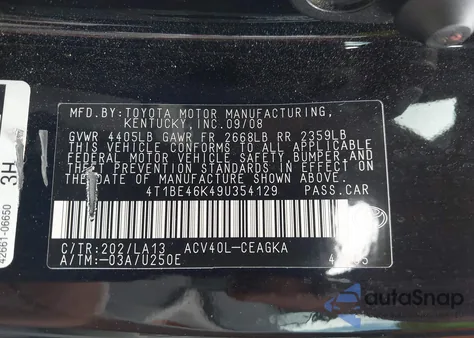 2009 Toyota Camry Xle from USA, damaged, VIN 4T1BE46K49U354129